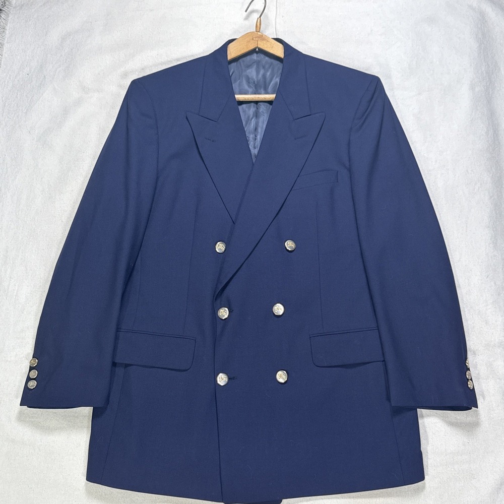 Vintage Burberrys Blazer Men 46L Navy Blue Double Breasted Wool Gold Button READ
